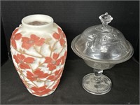 Floral Satin Glass Vase & Early Compote.