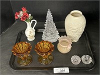 Lenox Vase & Amber Glass Candle Holder.