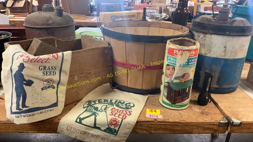Vintage Fuel Cans, Sacks, Crate, Wall Hangings,