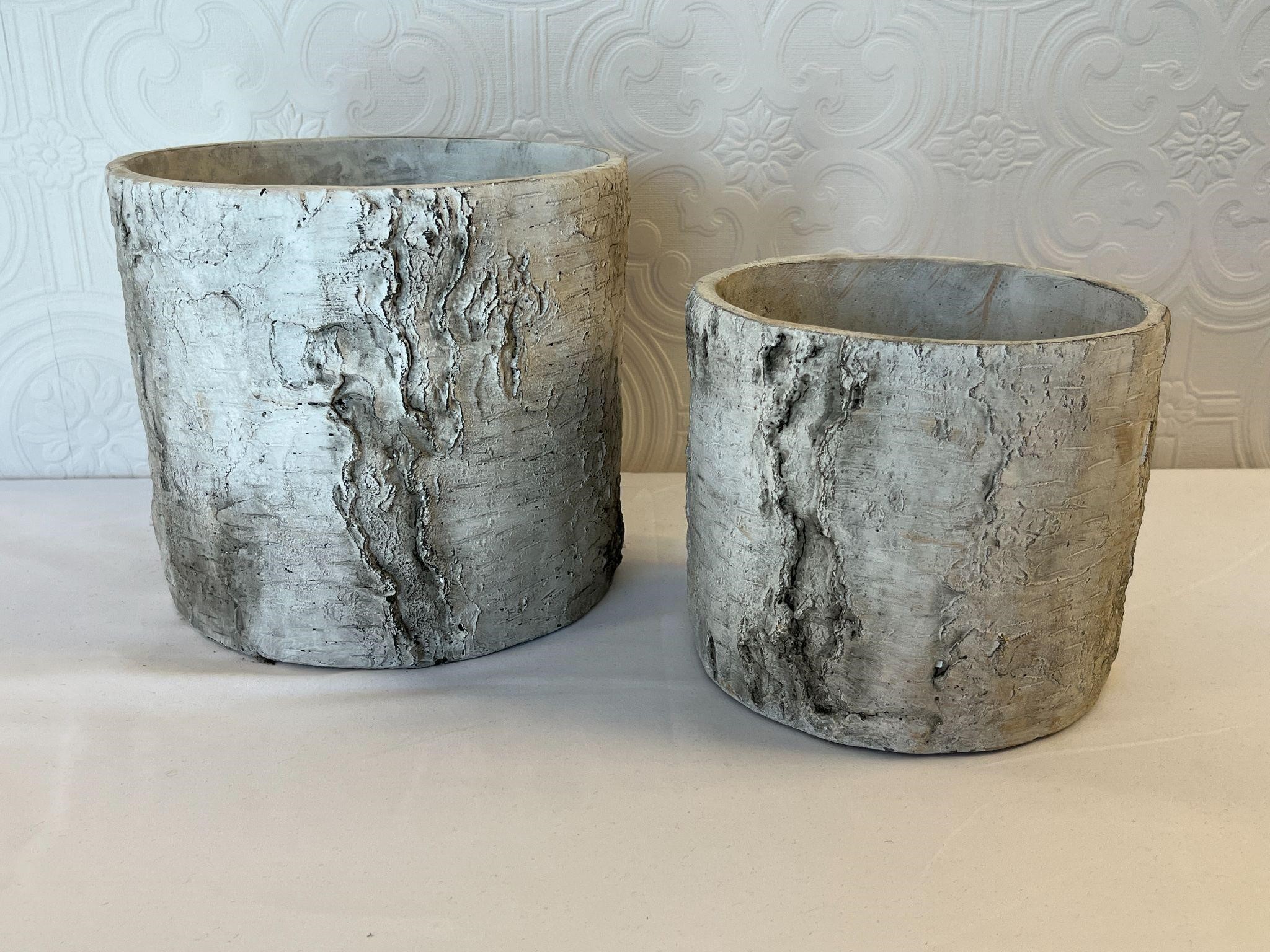 New Set of 2 Cement Planters with Wood Bark Textur