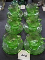 Green Depression Glass Cups and Saucers
