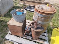 Barrel; steel box; hand oil pump
