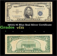 1953A $5 Blue Seal Silver Certificate Grades vf++