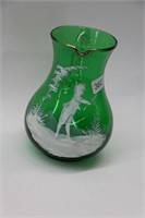 SMALL GREEN GLASS PAINTED WATER PITCHER 7"
