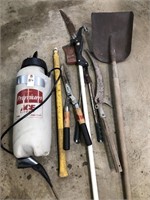 2 TREE SAWS ,AXE , HEDGE TRIMMERS, SHOVEL LOT