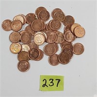 A roll, 50 pieces, 2011 One cent coins, Mainly red