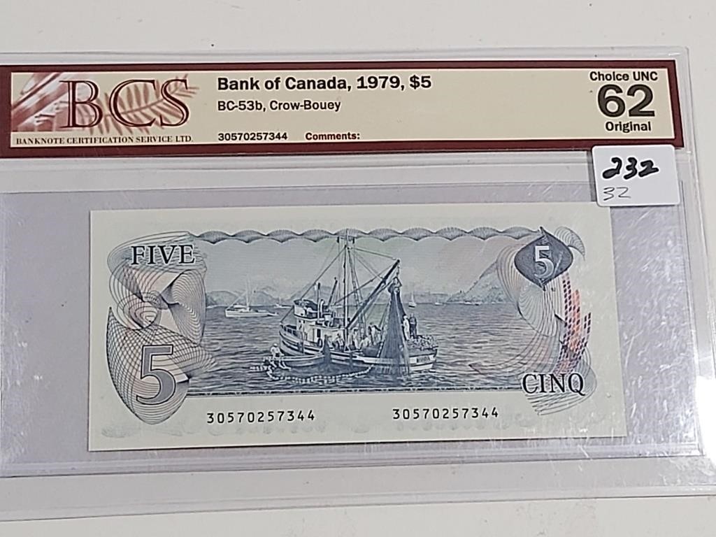 1979 5 Dollar Canadian Note graded choice