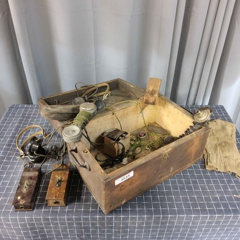 L4 antique headsets, Telephone parts, wooden box