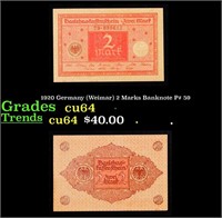 1920 Germany (Weimar) 2 Marks Banknote P# 59 Grade
