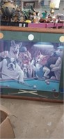 Dog playing pool framed picture 36x42in