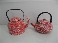 Lot (2) Enamel Red & White Tea Pots