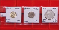 1943-P Nickel, 1954-S Nickel, 1918 Half Dollar