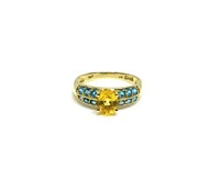 14K Gold Ring with Citrine & 12 Blue Stones.