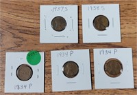 5 1930'S WHEAT CENTS