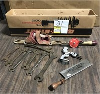 Box of misc. wrenches, saw, drill, drill bit