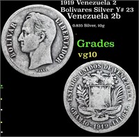 1919 Venezuela 2 Bolivares Silver Y# 23 Grades vg+