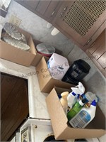 4 boxes cleaning supplies, coffee maker,
