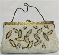 Vintage Clutch Hand Bag Beaded White Peach Green