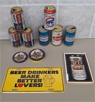 Old Beer Cans, Book, and Miller Coaster, New