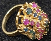 14k gold ring with blue and red stones