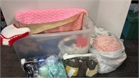 Tote of crochet items, yarn, granny squares,
