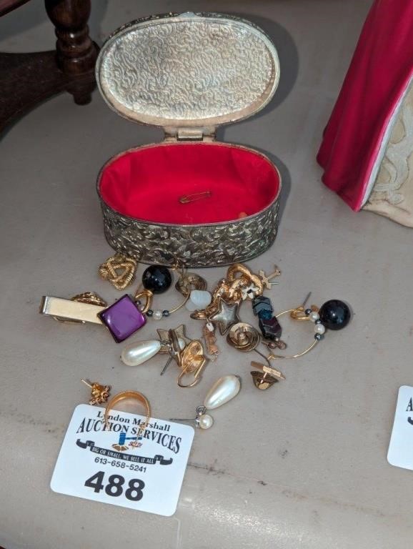 Assorted Earrings, pins & Ring box