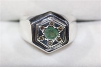 Sterling silver emerald and diamond gent's signet