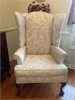 Pair Floral Wing Back Chairs Ball & Claw Feet