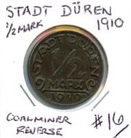 German Stadt Duren 1910 1/2 Mark - Coal Miner