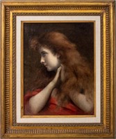 Pre-Raphaelite Style Portrait of Woman Oil Canvas