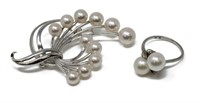 (2) MIKIMOTO STERLING SILVER & PEARL BROOCH, RING