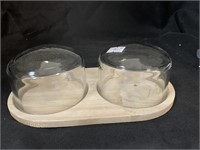 WOOD SERVING TRAY W/ GLASS DOMES -