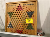 WOODEN CHINESE CHECKER BOARD W/ TIN OF MARBLES
