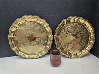 Copper Craft 12" W Trays & 3 1/2" Signed Pottery
