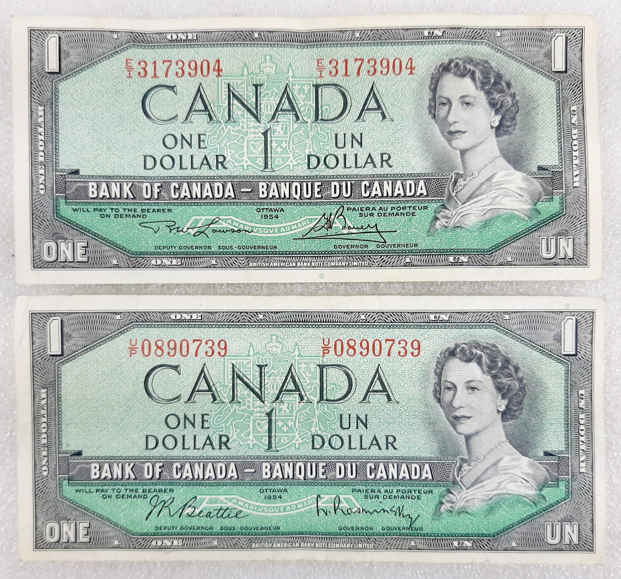 2x Billet de 1$ CANADA 1954