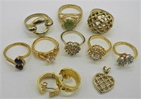 8 Gold Tone Rings, Pair of Earrings, Heart Pendant