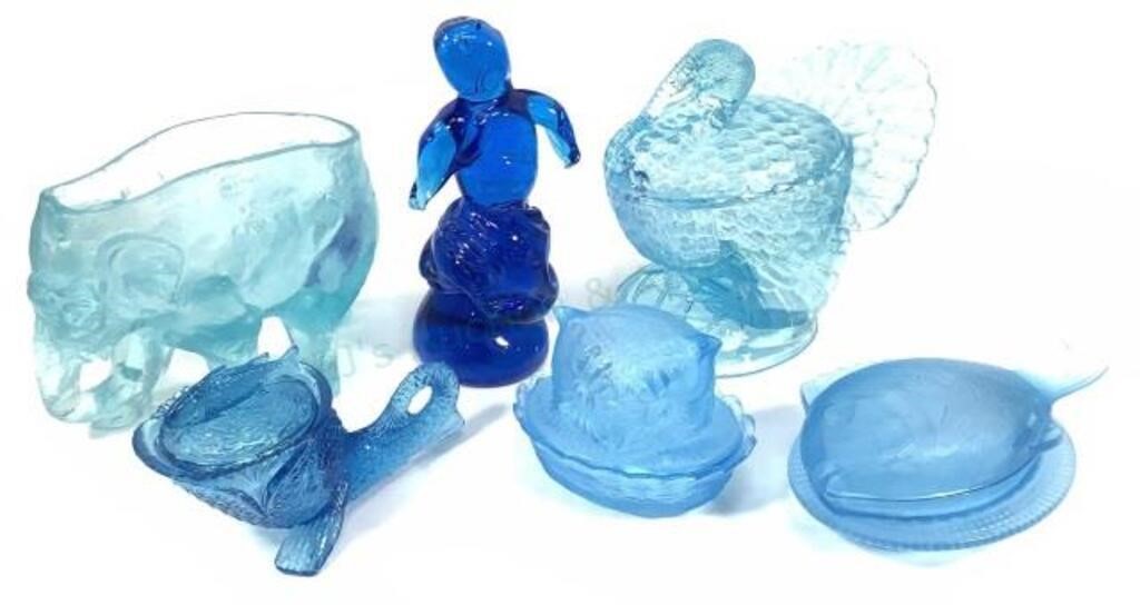 (6pc) Vintage Blue Glass Tableware, Figure