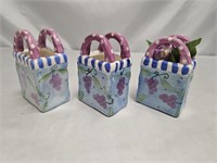 3 CERAMIC SHOPPING BAG VASES 4.5"X2"X2.5"