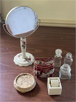 Assorted vintage decor mirror stamp holder & more