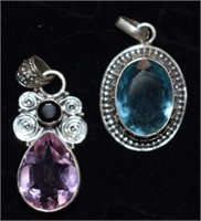 Two Sterling Silver Pendants w/ Blue and Pink