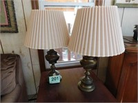 Pair of brass vintage lamps w/ milk glass shades &
