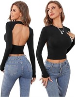 XS - DIRASS Women Backless Long Sleeve Crop Top Go