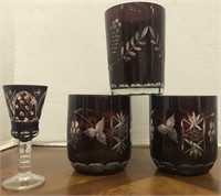 4 RED CUT GLASS DRINKING GLASSES