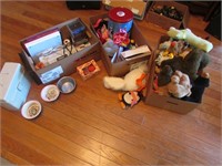 3 boxes of stuffed animals & misc items