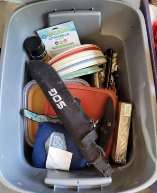 STORAGE TOTE AND CONTENTS-CAMPING ITEMS