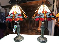 Pair Tiffany Style Leaded Glass Lamps Dragonfly