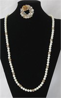 Costume Jewlery Faux Pearl Necklace & Brooch