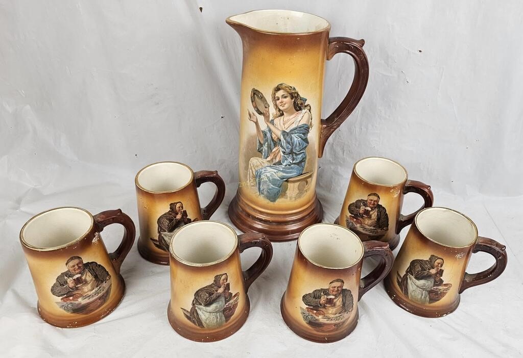Ceramic Hand painted Beer Pitcher & Mugs Marked