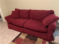 ROWE RED COUCH W/ PILLOWS - 7 FT X 39 “