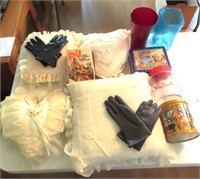 Handwork Pillows (4), Vases, Gloves, lunch box